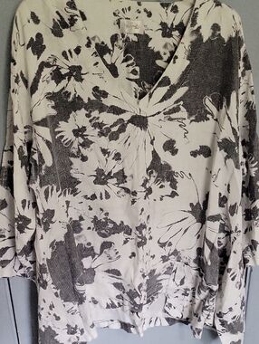 Mosaic Linen  Relaxed V-Neck Tunic Top Black & White Size Xl